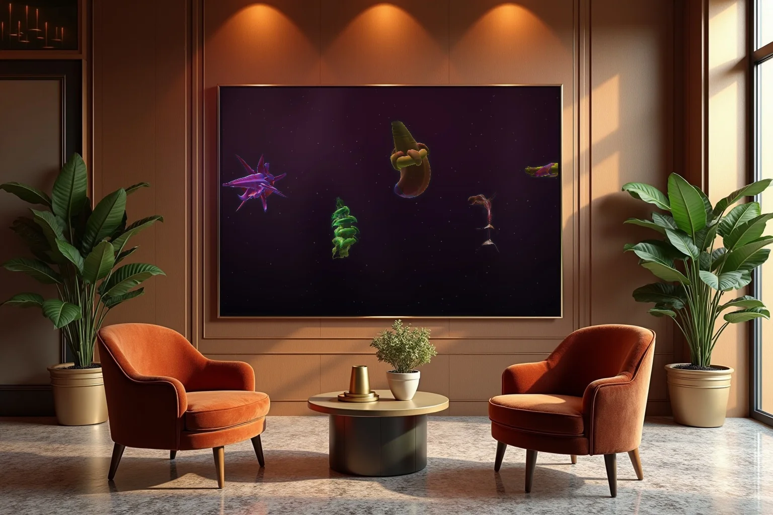 Illustrative placement: a ProtoTank behind velvet armchairs in a hospitality lounge