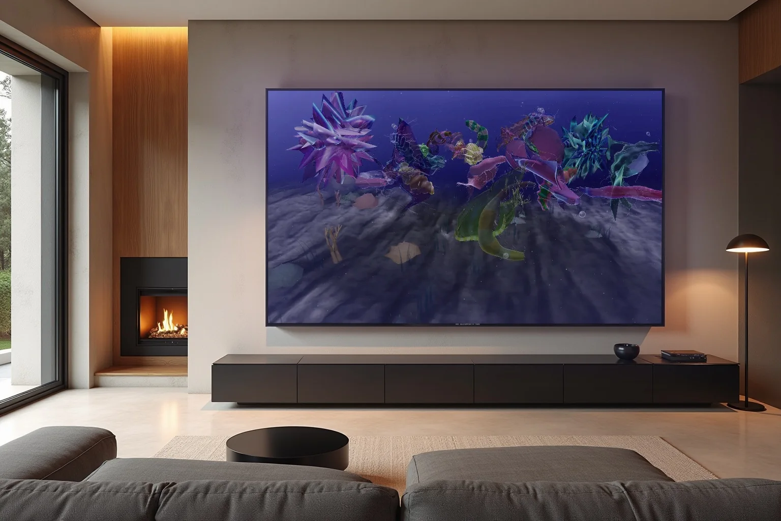 Illustrative placement: a landscape ProtoTank above a console in a private residence