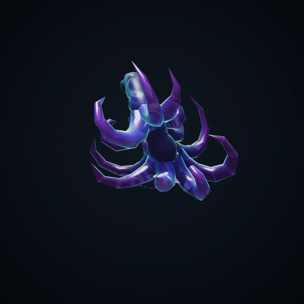 Portrait of the specimen Chordozoa sinuosa, a violet protobyte with radiating curved appendages